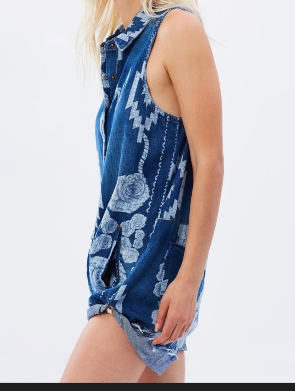 One Teaspoon Distressed & Oversized Southwestern/ Rose Print Denim Romper XS